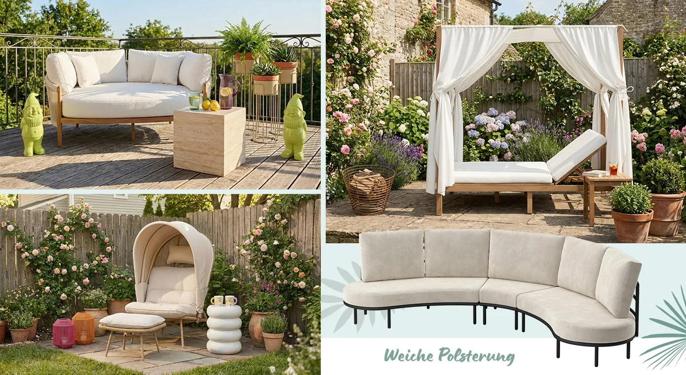 Bildcollage: rundes Loungesofa aus Holz mit beiger Polsterung, dazu quadratischer Beistelltisch in beiger Marmoroptik, beigen Pflanzenständern und grünen Gartenzwergen, Loungesessel in Beige mit Sonnenschutz, dazu passender Hocker mit weißem runden Beistelltisch, große Gartenliege aus Holz und weißer Auflage mit weißen Vorhängen, Freisteller: Runde Loungegruppe in Beige mit schwarzem Gestell