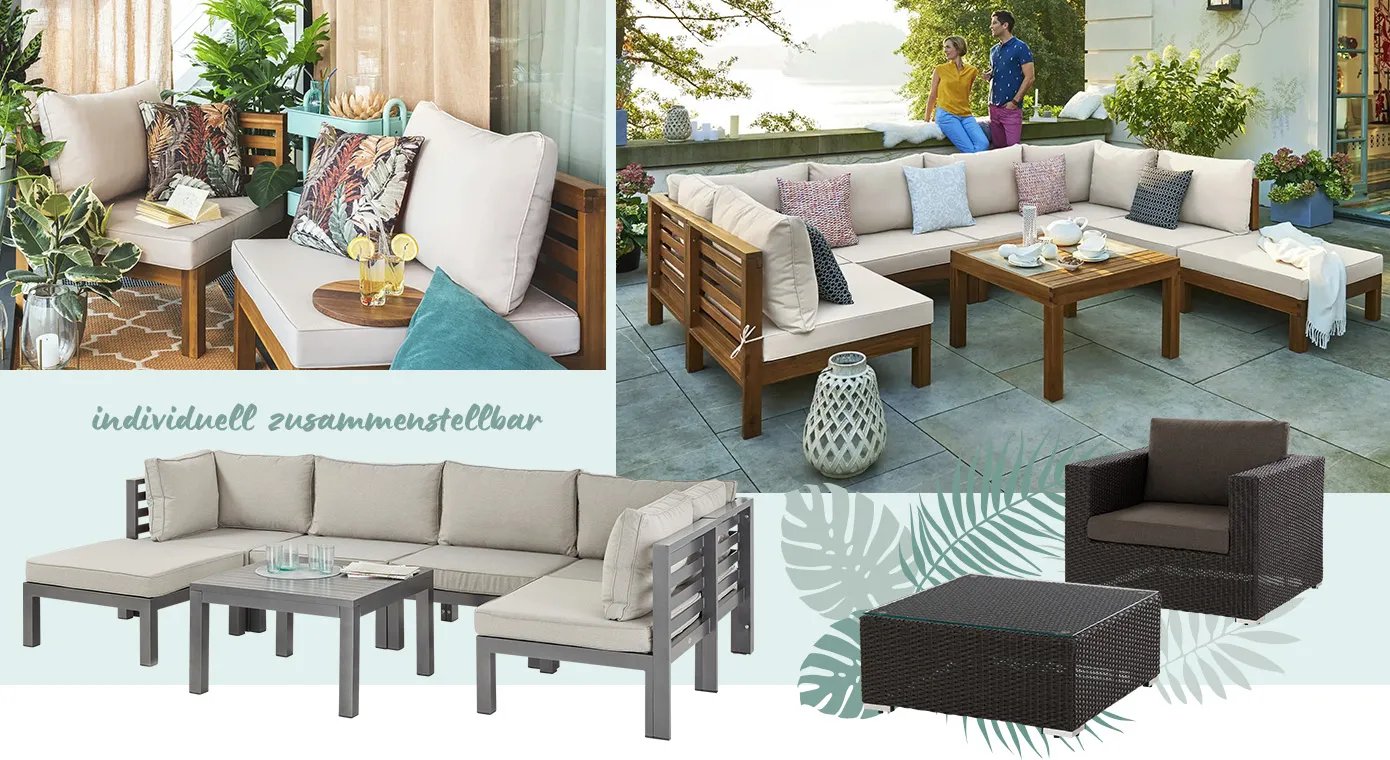 Bildcollage von individuell zusammenstellbaren modularen Gartenmöbeln. Module aus dunklem Massivholz und beigen Auflagen als U-Form mit passendem Tisch und farbigen Dekokissen und zwei einzelne Module davon für weniger Platz, Freisteller graue Module zur U-Form und schwarzer Sessel und passender Tisch in Rattan