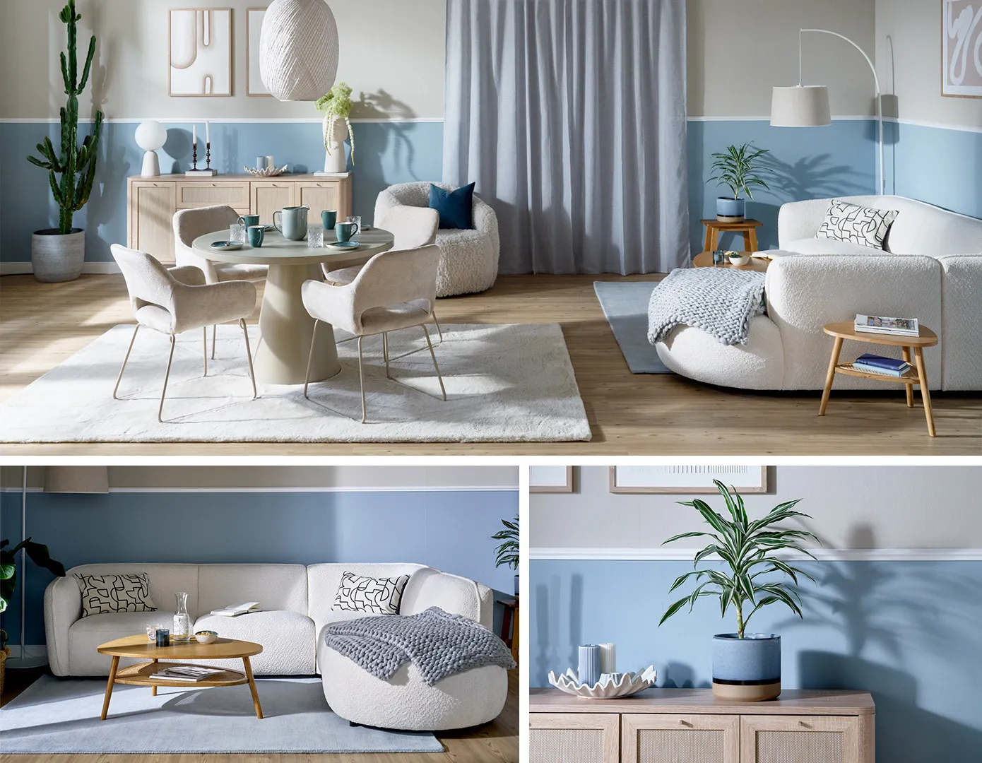 Wohnzimmer mit weißem Ecksofa mit runden Formen und Boucléstoff, Wandfarbe horizontal aufgeteilt in der Mitte, unterer Teil in Hellblau, oberer Teil in Hellgraubeige, runder Esstisch mit vier hellgrauen Polsterstühlen, weißer und hellblauer Teppich, Kommode aus hellem Holz und Rattan