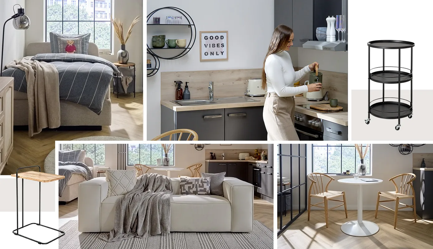 Bildcollage Eck-Einbauküche in Dunkelgrau mit heller Holzarbeitsplatte, Frau gießt sich Tee ein, schwarzer runder Servierwagen, kleine Essecke mit weißem runden Tisch und Holzstühlen, beiger Zweisitzer mit Streifenteppich, Raumtrenner in Schwarz und Bett mit Bettkasten