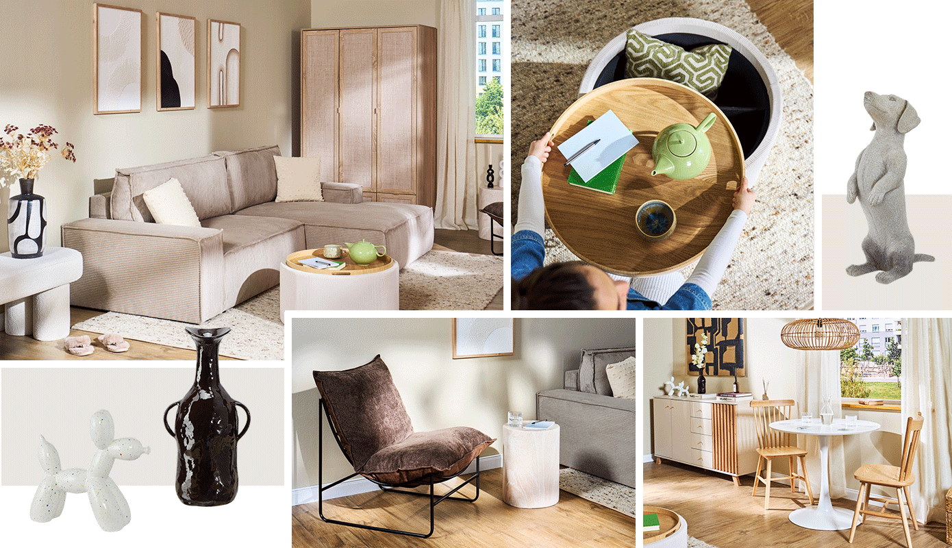 Bilcollage beiges Ecksofa aus Cord ausklappbar zum Schlafsofa, Hocker mit integriertem Stauraum und Holzbrett, braune Vase und Dackel, brauner Sessel mit kleinem Beistelltisch, Sitzecke mit kleinem runden Tisch und Holzstühlen und passender Kommode