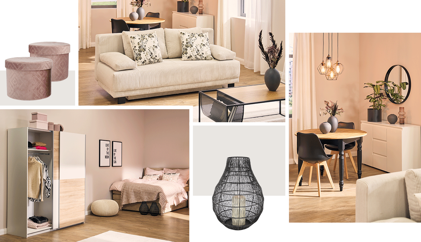 Bildcollage: Rosane Wände, Ausziehsofa als Zweisitzer in Beige mit Blumenmuster-Dekokissen, runder Holztisch mit schwarzen Füßen und passenden Schalenstühlen in Schwarz mit hellen Holzfüßen, weiße Kommode und runter Wandspiegel und Hängeleuchte, Bett mit Bettkasten und rosa Bettwäsche, daneben kleiner Kleiderschrank, schwarze Laterne, Strickpouf und rosa Aufbewahrungsboxen in rund