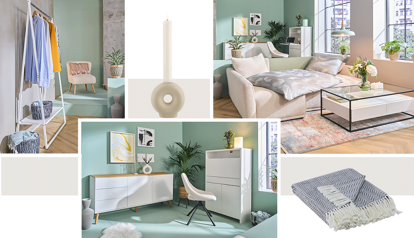 Bildcollage: Mintgrüne Wand, Loftcharakter mit großen Fenstern und Podest, beiges Ecksofa mit Bettwäsche, Couchtisch in weiß mit schwarzem Gestell und Glasplatte, Kommode und ausklappbarer Sekretär in Weiß mit Polsterstuhl in weiß und schwarzen Füßen, kleine Garderobe mit Klamotten, Kerzenhalter in rund und Strickplaid