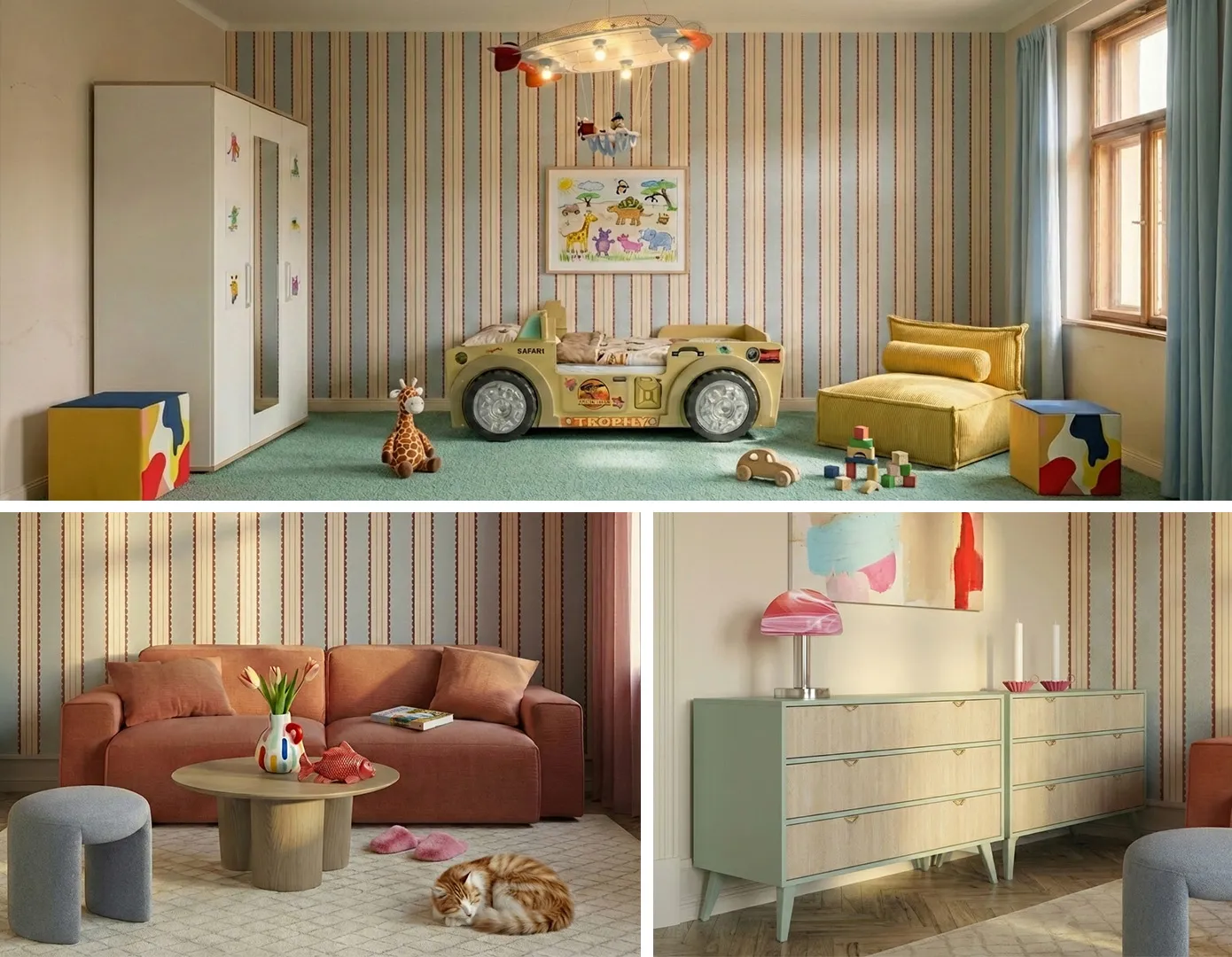 Kinderzimmer mit gestreifter Tapete in Beige und Hellblau, Autobett in Gelb, gelber Sitzsack, bunter Sitzwürfel, mintfarbener Teppich, Heißluftballon-Deckenlampe, das gleiche Zimmer als Wohnzimmer mit Sofa in terracotta, Holz-Couchtisch in rund, hellblauer Sitzpouf, karierter Teppich in beige, Holzkommode in mint mit pinkfarbenen Kerzenhaltern und Tischlampe
