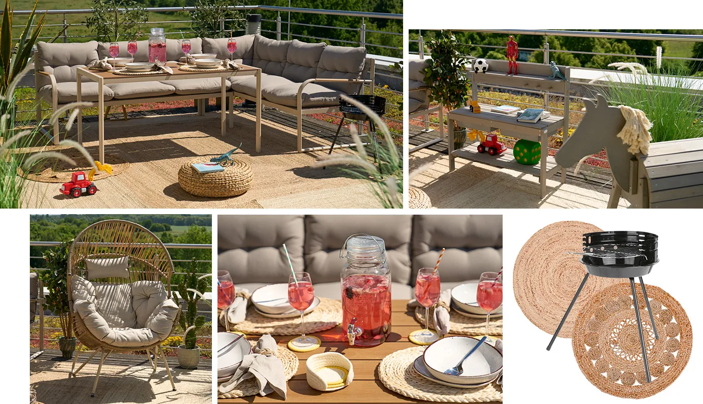 Bilcollage: Graue Loung-Eckgruppe mit beigem Gestell, gedeckter Tisch mit weißen Schüsseln, Getränkespender und Weingläsern mit roter Beerenschorle, Kinderküche mit Holzpferd zum Draufsetzen, Loungesessel und kleiner Rundgrill