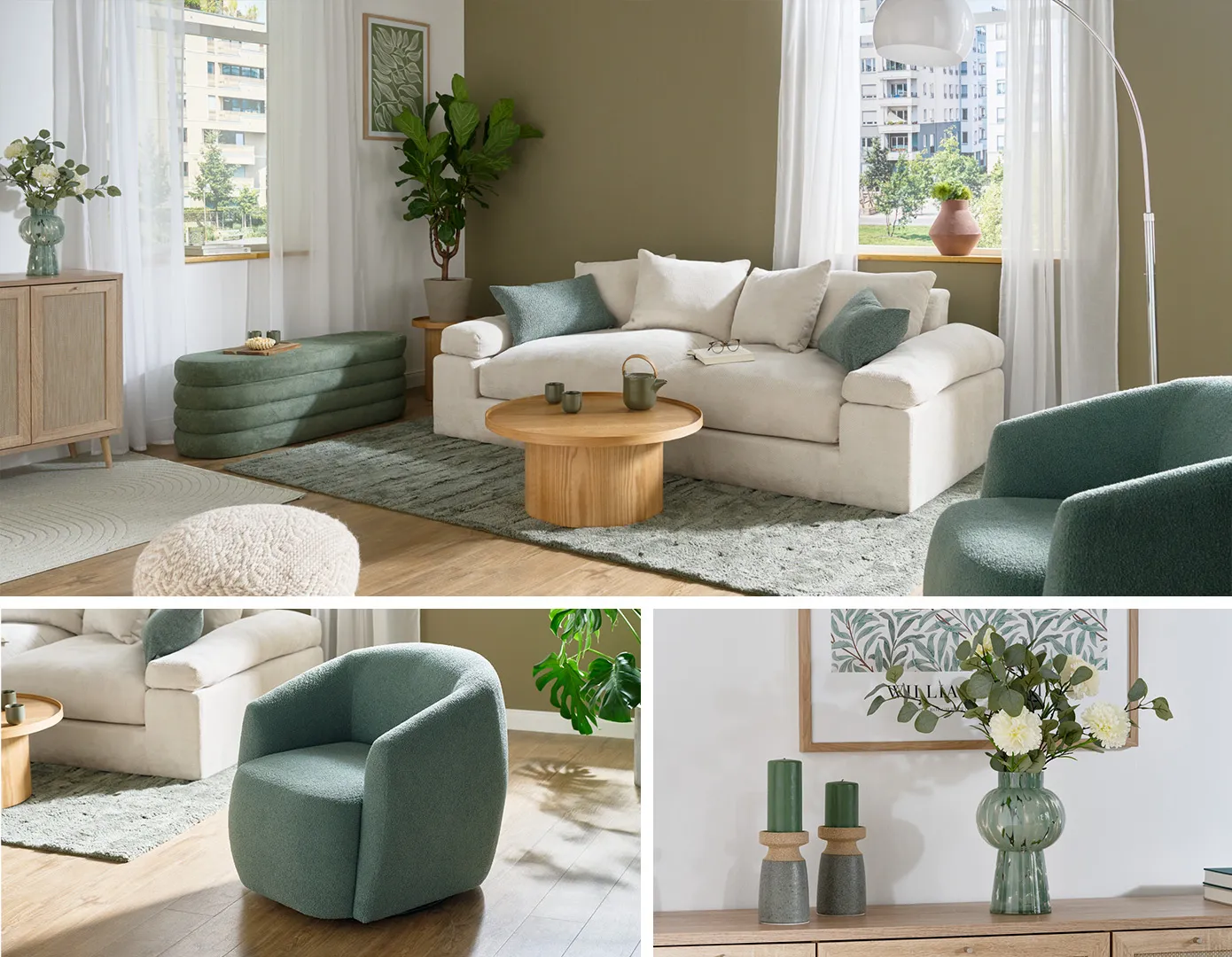 Wohnzimmer mit weißer und olivegrüner Wand, cremefarbenes Sofa als Zweisitzer mit grünen Kissen, daneben eine Polstersitzbank in Grün mit Stauraum, runter Couchtisch aus hellem Holz, grüner Teppich, weiße Bogenleuchte und grüner Sessel aus Boucléstoff, Detailansicht grüne Vase und Kerzenständer auf Kommode