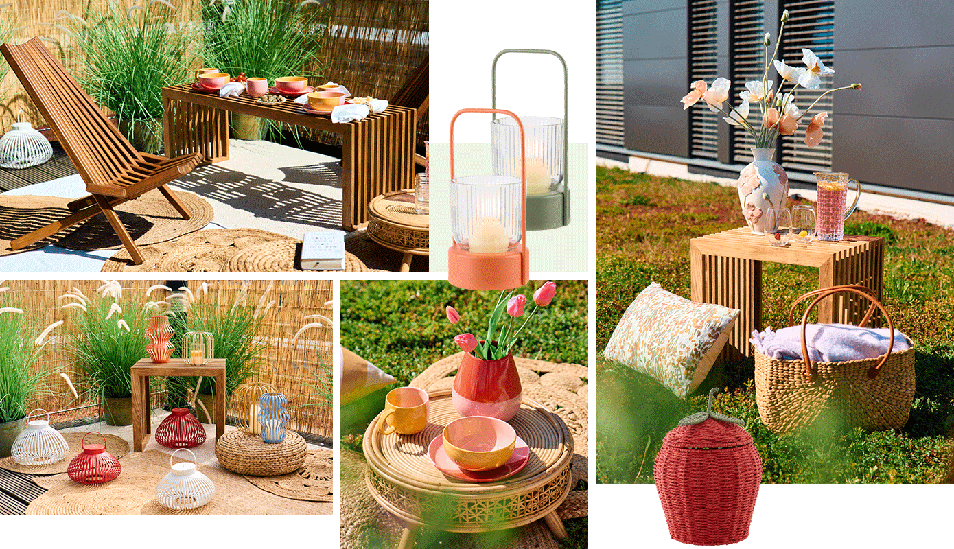 Bildcollage: Gartenstuhl aus dunklem Holz und tiefer Sitzfläche in Lamellenoptik, passende Holzbank mit buntem Geschirr in Rosa, Rot und Gelb, runde geflochtene Teppiche in Boho-Optik, grüne und orangene Windlichter, Holz-Beistelltisch mit Karaffe, Gläsern, Blumenvase, Dekokissen mit Blumen und Flechtkorb als Erdbeere, kleines rundes geflochtenes Tablett mit kleinen Füßen, Leichte LED-Laternen in weiß und rot