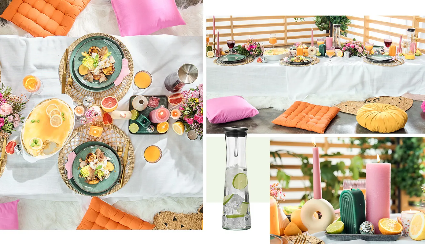 Lange Picknicktafel mit weißer Tischdecke, geflochtenen Platzsets, Geschirr in dunklem Petrol-Grünton, Zitronen-Tiramisu, bunte Blumengestecke, goldenes Geschirr, Deko mit Grapefruits, Kerzenständern in Rosa, Orange und Grün, Sitzkissen in Rosa, Pink, Orange und Senfgelb und weißen Fellen