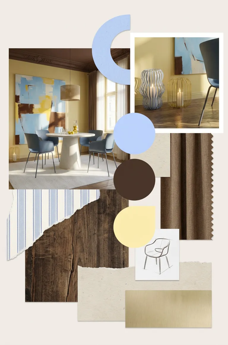 Bildcollage: Essbereich mit rundem Esstisch in Kaschmirfarben, 4 Schalenstühle in Blau, weißer Teppich, dunkelbrauner Boden und Decke, eine Wand gelb mit großem Leinwandbild mit bemalten Farben in Blau, Braun und Gelb, auf dem Boden gelbe und blaue Laternen