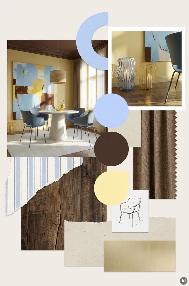 Bildcollage: Essbereich mit rundem Esstisch in Kaschmirfarben, 4 Schalenstühle in Blau, weißer Teppich, dunkelbrauner Boden und Decke, eine Wand gelb mit großem Leinwandbild mit bemalten Farben in Blau, Braun und Gelb, auf dem Boden gelbe und blaue Laternen