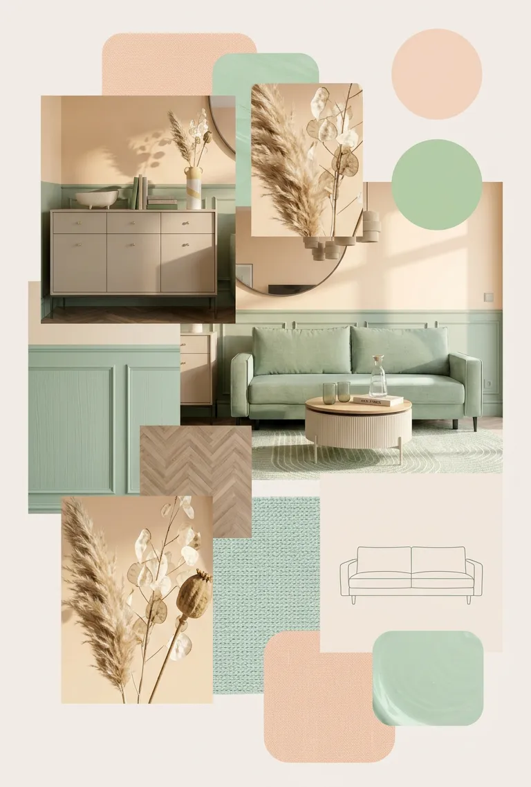 Bildcollage: Mintgrünes Sofa vor Wand in Peach, Wand horizonal farblich geteilt; unten auch mint mit Stuckleisten, mintfarbener Teppich mit Muster, kaschmirfarbener runder Couchtisch mit Holzplatte, Fischgrätenboden, kaschmirfarbene Kommode mit Trockensträuchern in Beige und Vase und Schale in Steinoptik