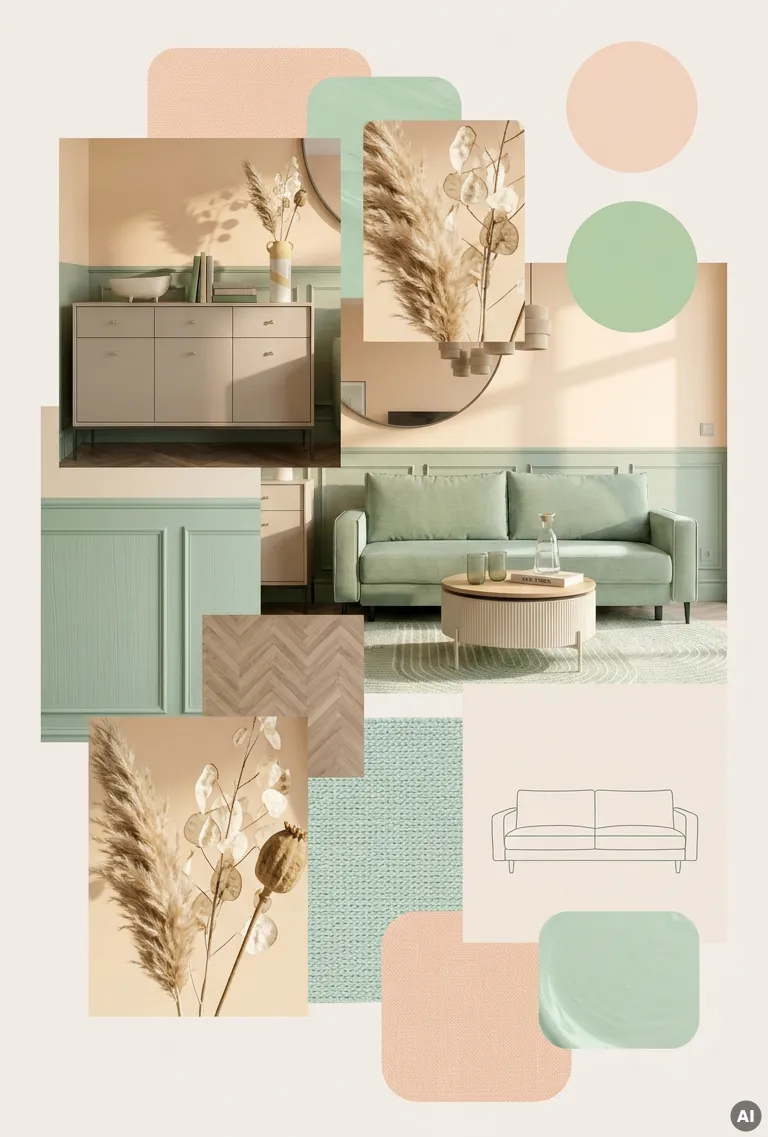 Bildcollage: Mintgrünes Sofa vor Wand in Peach, Wand horizonal farblich geteilt; unten auch mint mit Stuckleisten, mintfarbener Teppich mit Muster, kaschmirfarbener runder Couchtisch mit Holzplatte, Fischgrätenboden, kaschmirfarbene Kommode mit Trockensträuchern in Beige und Vase und Schale in Steinoptik