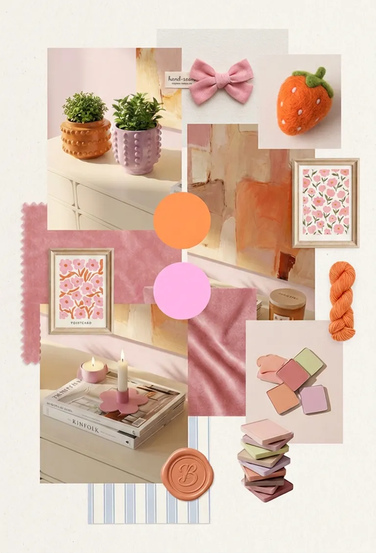 Bildcollage: Rosaner und orangener Übertopf mit Pflanzen und blumiger rosener Kerzenständer auf beiger Kommode, Bilderrahmen mit rosanen Blumen gemalt, Moodbilder von Schleife, Erdbeere, Kordel in passenden Farben