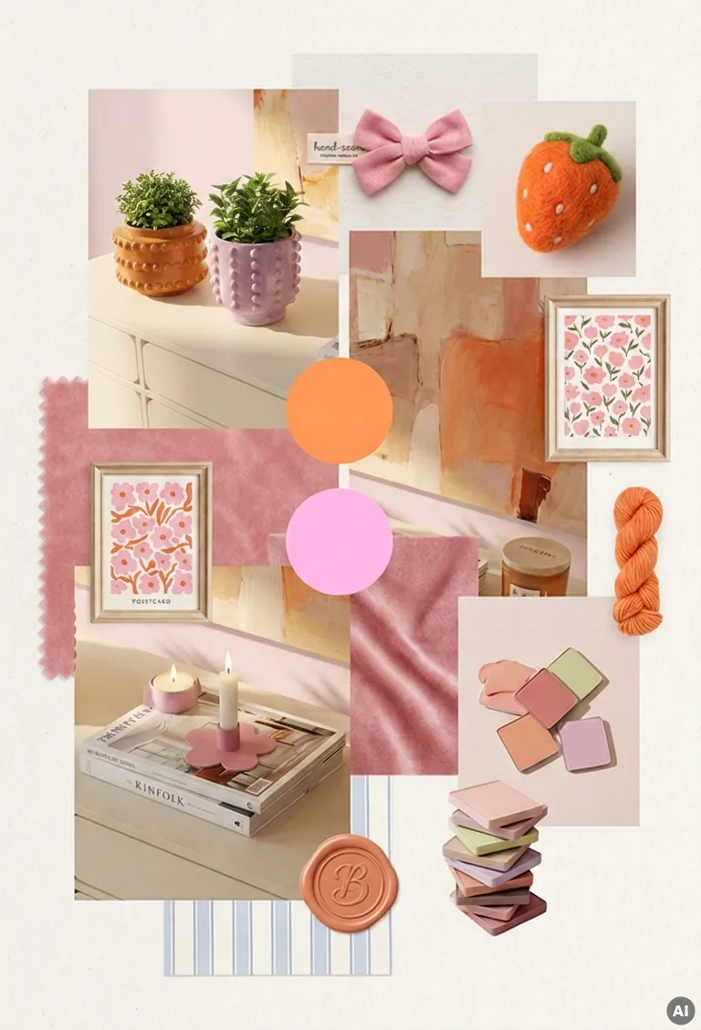 Bildcollage: Rosaner und orangener Übertopf mit Pflanzen und blumiger rosener Kerzenständer auf beiger Kommode, Bilderrahmen mit rosanen Blumen gemalt, Moodbilder von Schleife, Erdbeere, Kordel in passenden Farben