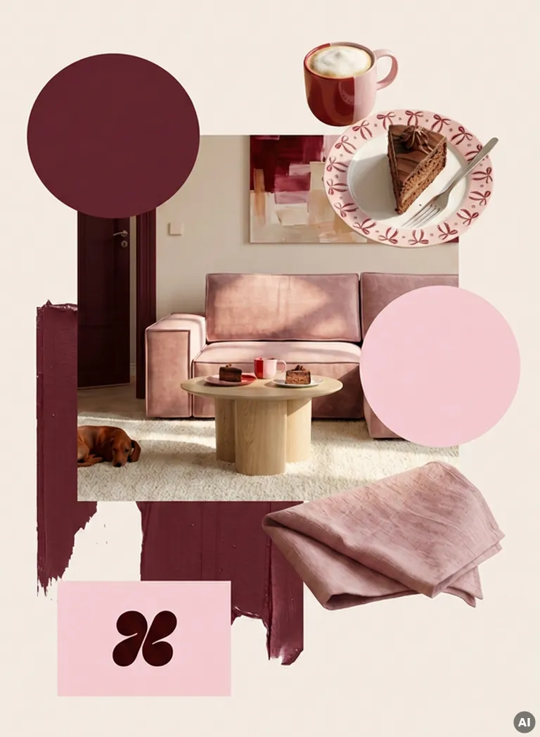 Bildcollage mit rosanem Ecksofa vor beiger Wand mit großem Dekowandbild in Weinrot-Rosa-Brauntönen, heller runder Holz-Couchtisch, Hund liegt daneben, auf dem Tisch verspielter Teller in rosa mit weinroten Schleifchen und Schokokuchen, Tasse in rosa-rot und rosaner Decke