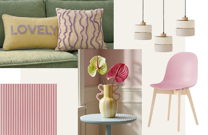 Bildcollage Kissen in Gelb mit Flieder Schriftzug Lovely und beiges Kissen mit lila Streifen auf grünem Sofa, Pendelleuchte in beige, Schalenstuhl in Rosa mit hellen Holzfüßen, Weiß-gelbe gestreifte Vase mit geschwungenen rosa Henkeln auf hellblauem runden Beistelltisch