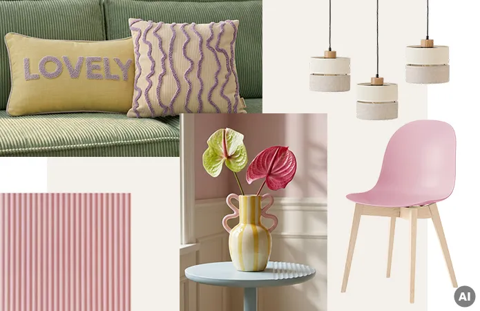 Bildcollage Kissen in Gelb mit Flieder Schriftzug Lovely und beiges Kissen mit lila Streifen auf grünem Sofa, Pendelleuchte in beige, Schalenstuhl in Rosa mit hellen Holzfüßen, Weiß-gelbe gestreifte Vase mit geschwungenen rosa Henkeln auf hellblauem runden Beistelltisch