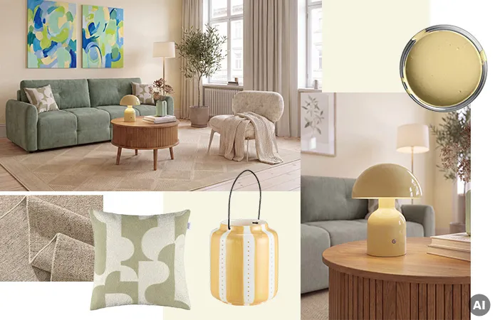 Bilcollage mintgrünes Bigsofa, beiger Teppich, runder Holz-Couchtisch mit hellgelber LED-Lampe, cremefarbener Sessel in weichem Formen, Freisteller von beige-grünem Kissen und gelb-weiß gestreifter Laterne