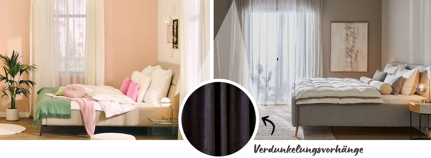 Zwei Schlafzimmer mit weißen Vorhängen am Fenster und heller Einrichtung, Kreis mit schwarzem Vorhang und Schriftzug Verdunkelungsvorhänge