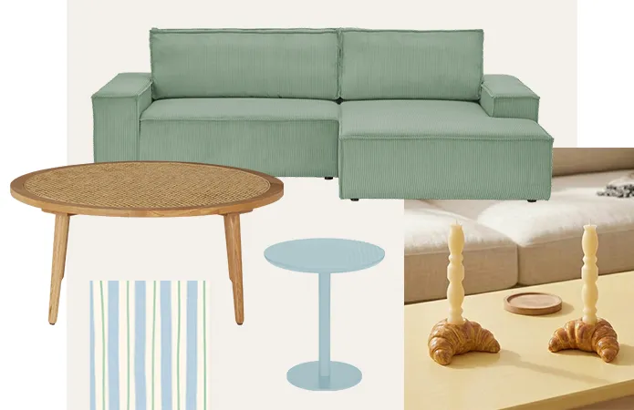 Bildcollage mit Freistellern von mintfarbenem Ecksofa, runder Holz-Couchtisch mit Rattanoptik, blauer runder Beistelltisch und Croissant-Kerzenhaltern mit beigen Stabkerzen