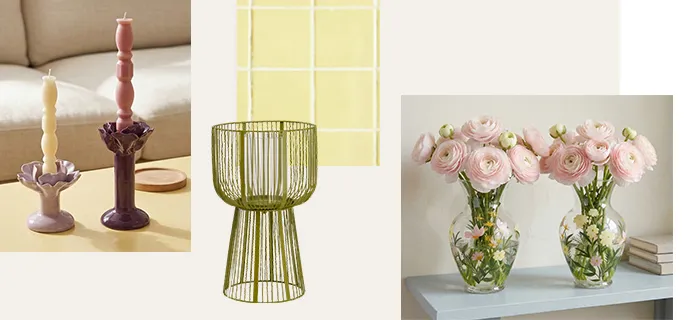 Bildcollage mit hell- und dunkellilane Kerzenständer in Blütenform auf beigegelbem Couchtisch, grünes Windlicht, zwei Glasvasen mit Blumenprint und rosa Rosen