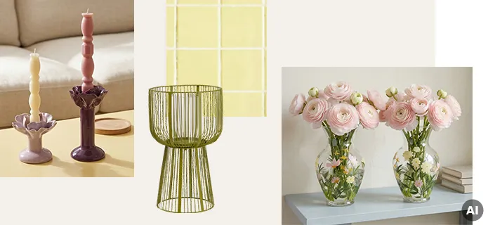 Bildcollage mit hell- und dunkellilane Kerzenständer in Blütenform auf beigegelbem Couchtisch, grünes Windlicht, zwei Glasvasen mit Blumenprint und rosa Rosen