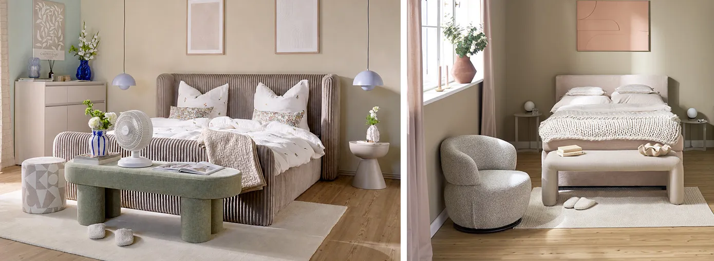 Zwei Schlafzimmer in heller Einrichtung mit beigem und graubraunen Betten, Akzente in Pastellfarben