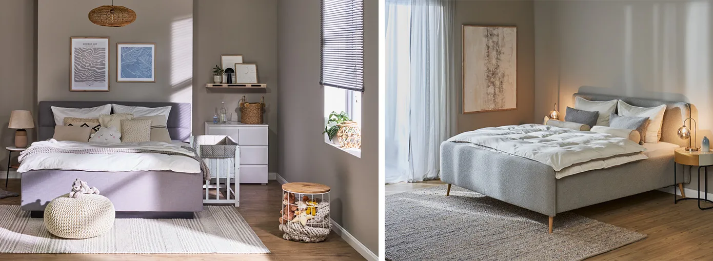 Zwei Schlafzimmer mit Bett mittig vom Zimmer gestellt, Kopfteil an einer Wand neben den Fenstern