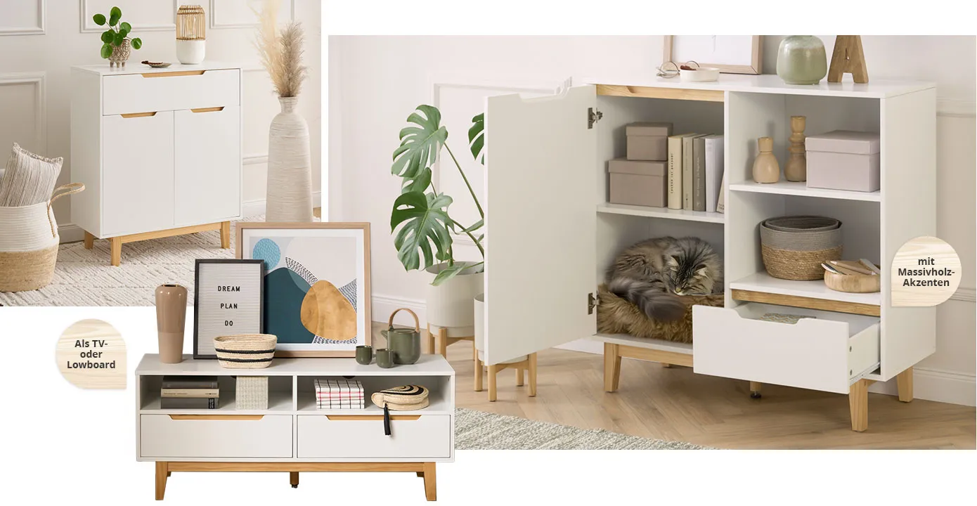 Collage aus 3 Bildern. Bild 1: Kommode der Serie in hellem Wohnraum. Bild 2: TV-Lowboard der Serie mit Hinweistext " Als TV- oder Lowboard". Bild 3: Kommoder der Serie mit 2 offenen Regalfächern, Hinweistext "Mit Massivholz-Akzenten"