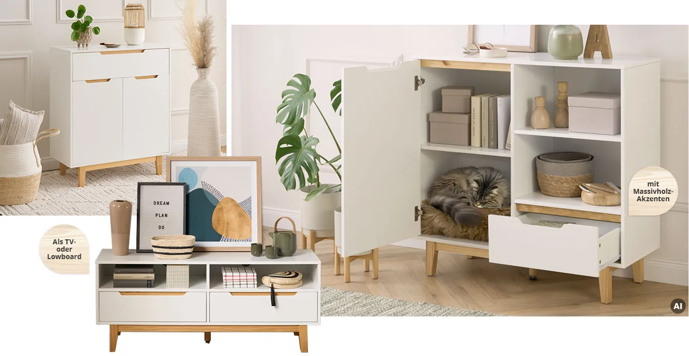 Collage aus 3 Bildern. Bild 1: Kommode der Serie in hellem Wohnraum. Bild 2: TV-Lowboard der Serie mit Hinweistext " Als TV- oder Lowboard". Bild 3, AI-generiert: Kommoder der Serie mit 2 offenen Regalfächern, Hinweistext "Mit Massivholz-Akzenten"