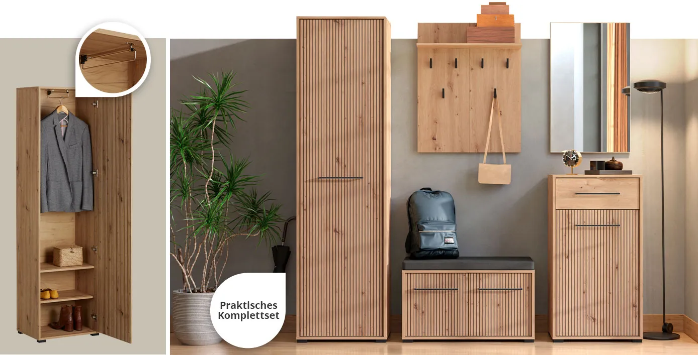 Collage aus 2 Bildern. Bild 1: Dielenschrank der Serie mit geöffneter Tür und Detailbild der ausziehbaren Kleiderstange. Bild 2: Flur mit Dielenschrank, Garderobenbank, Wandpaneel, Spiegel und Schuhschrank Calvas mit Hinweis "Praktisches Komplettset"