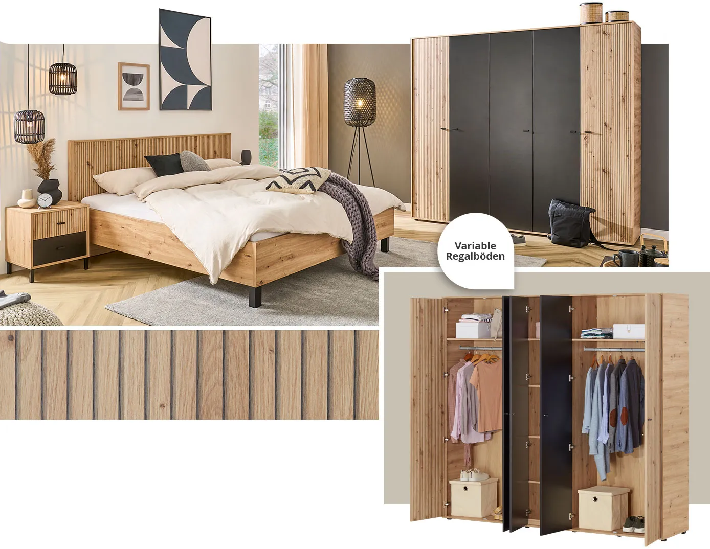 Collage aus 3 Bildern. Bild 1: Schlafzimmer mit Kleiderschrank, Doppelbett & Nachttisch der Serie. Bild 2: Nahaufnahme Lamellen-Dekor. Bild 3: Kleiderschrank mit geöffneten Türen und Hinweistext: Variable Regalböden