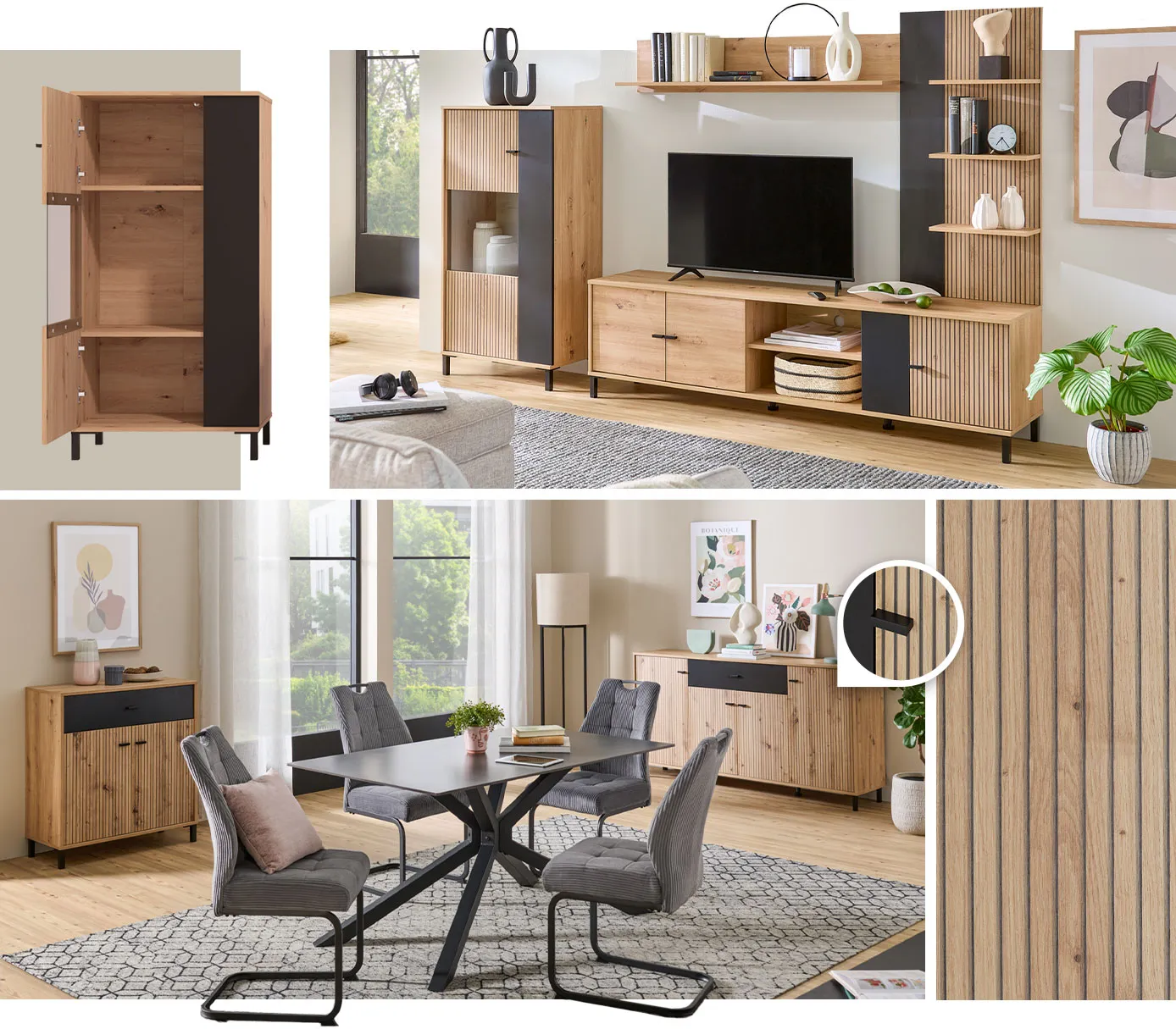 Collage aus 4 Bildern. Bild 1: Vitrine der Serie mit geöffneter Tür. Bild 2: Wohnzimmer mit Wohnwand der Serie. Bild 3: Speisezimmer mit Kommoden der Serie und Detailbild vom schmalen, schwarzen Griff. Bild 4: Nahaufnahme Lamellen-Dekor