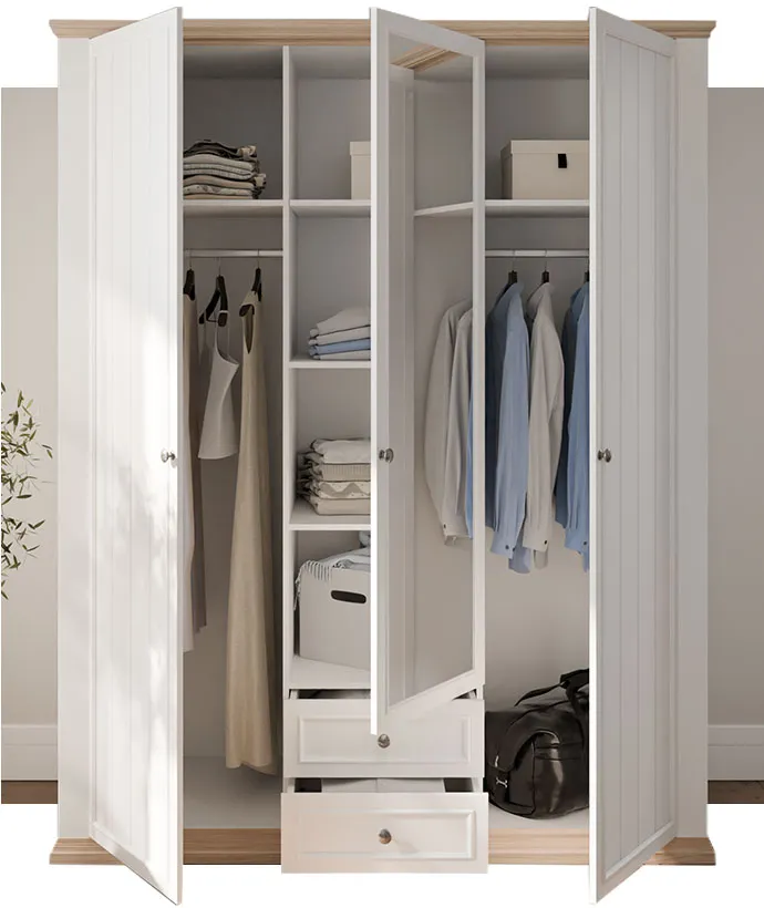 Kleiderschrank der Serie in Weiß, mit 3 Türen, davon eine Spiegeltür mittig sowie 2 Schubladen mittig. Innenansicht mit 2 Kleiderstangen sowie mehreren Regalböden.