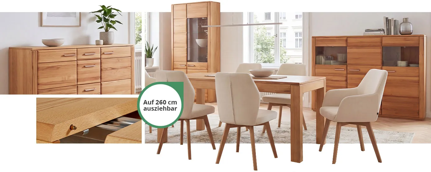 Collage mit Möbeln aus Kernbuche. Sideboard mit Deko im Esszimmer. Esstisch mit weißen Polsterstühlen, Vitrine und Highboard im Esszimmer, Hinweis: Auf 260 cm ausziehbar. Detail des Mittelauszuges vom Esstisch