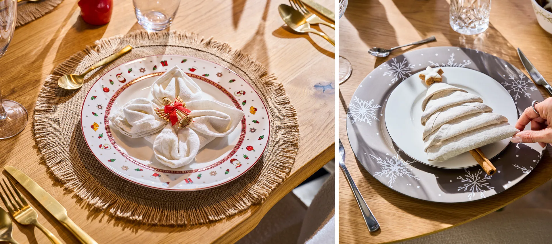 Stoffserviette als Blume und als Tannenbaum gefaltet, weihnachtlich dekoriert auf Tellern