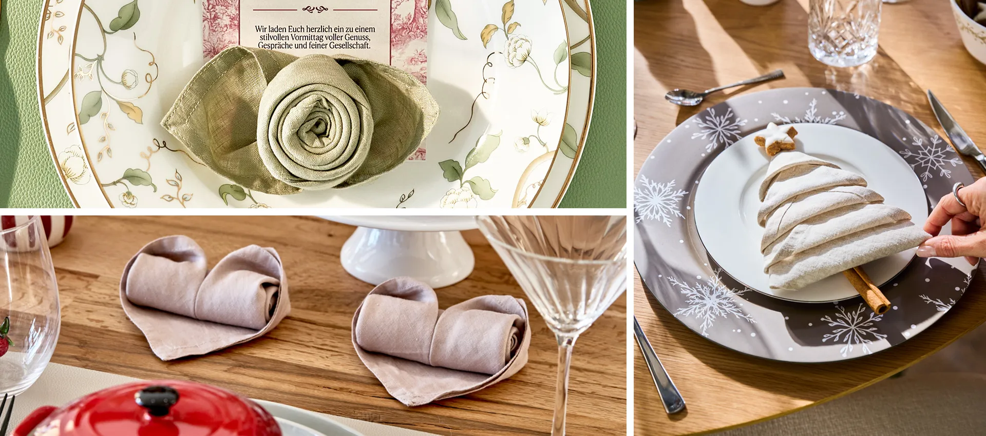 Stoffserviette als Rose, als Herz und als Tannenbaum gefaltet