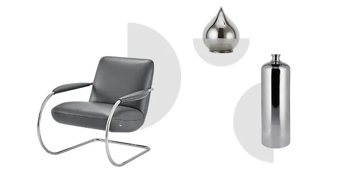 Ledersessel mit runden Chromgestell, LED-Dekoartikel in Chrom, hohe Vase in Chrom