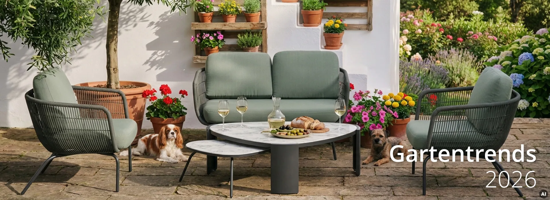 Gartenset mit Ein- und Zweisitzer in schwarzer Rope-Bespannung und grüner Polsterung, ovaler Marmortisch in weiß-schwarz, beiges Loungesofa in rund mit Marmorbeistelltisch in hellen beige- und brauntönen, dazu beige Pflanzenständer und grüne Gartenzwerge