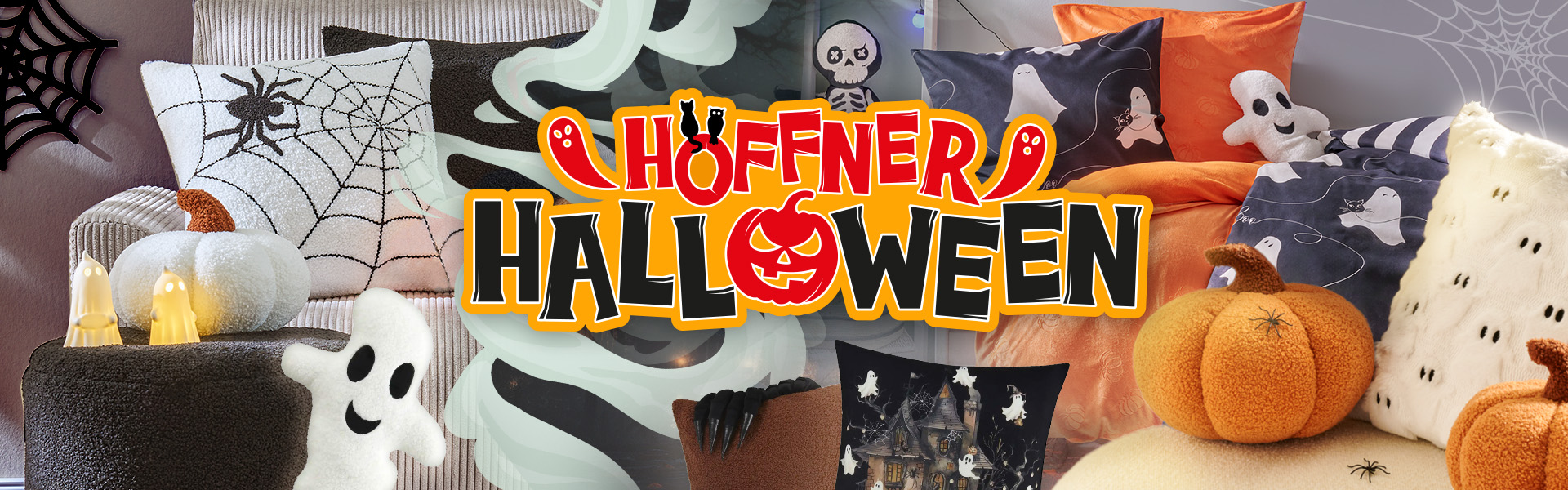 Höffner Halloween, Kissen mit Geistermotiv und in Kürbisform