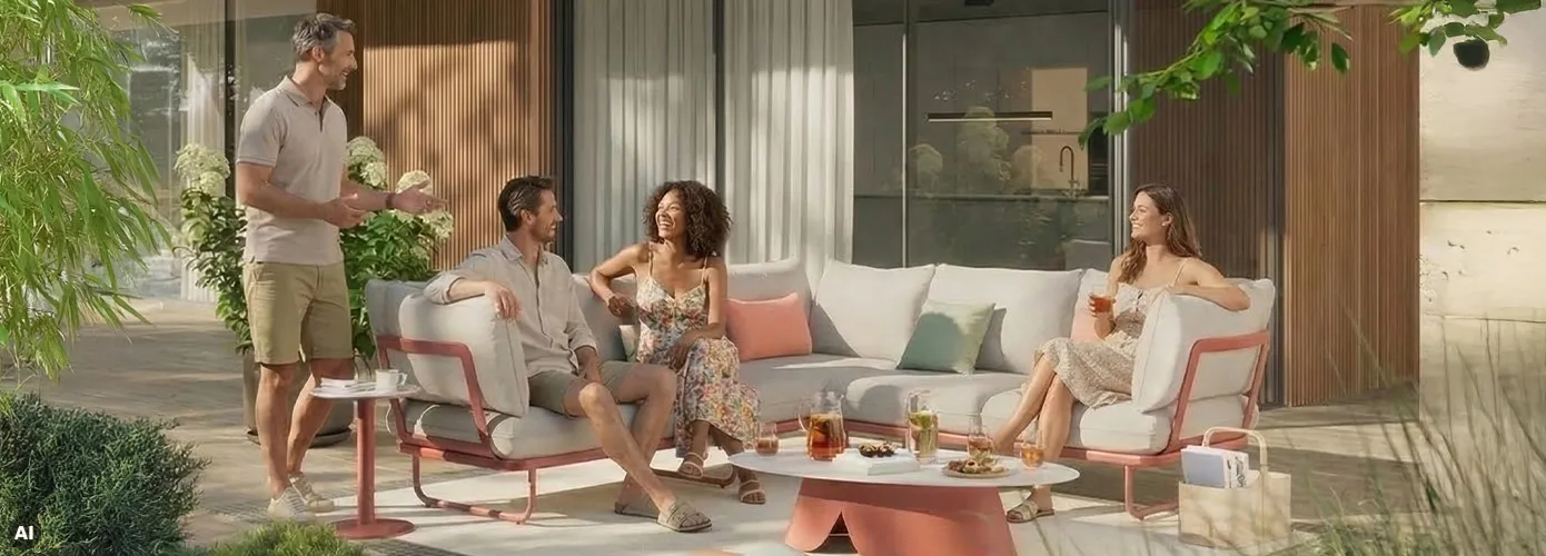 Lounge-Gruppe mit orangenem Gestell und hellen Sitz- und Rückenkissen auf einer Terrasse.