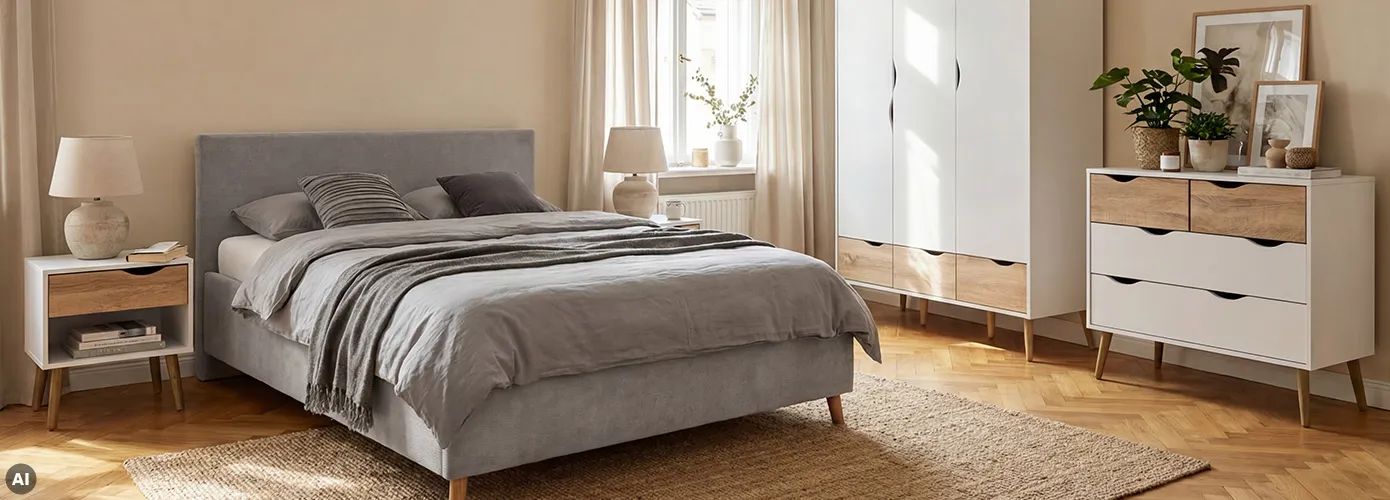 AI-generiert: Schlafzimmer mit Skandi-Möbeln, Nachkommode in Weiß und Holzoptik, graues Bett, Schrank in Weiß und Holzoptik, Kommode in Weiß und Holzoptik, Naturteppich, Nachttischleuchten