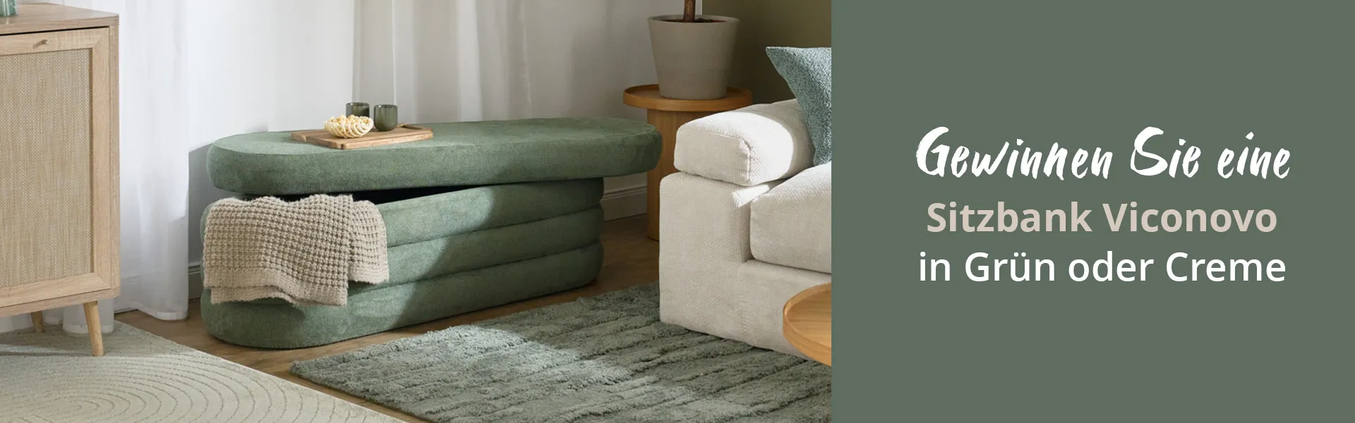 Gewinnen Sie eine Sitzbank Viconovo in Grün oder Creme