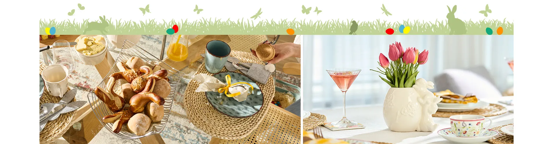 Zwei Tischsettings zu Ostern mit Hasenvase in Wei0, buntes Geschirr, Laugenhasen in Schale und blaues Geschirr