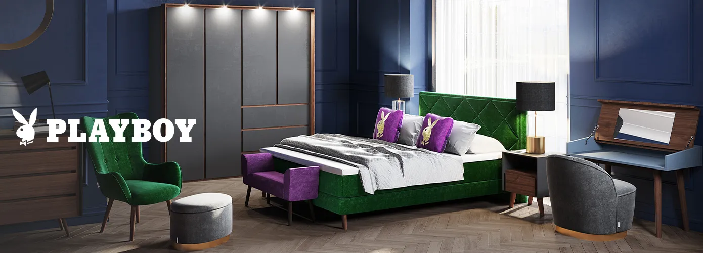 Playboy. Schlafzimmer mit dunkelgrauem Kleiderschrank, grünem Polsterbett, lila Bettbank und Schminktisch