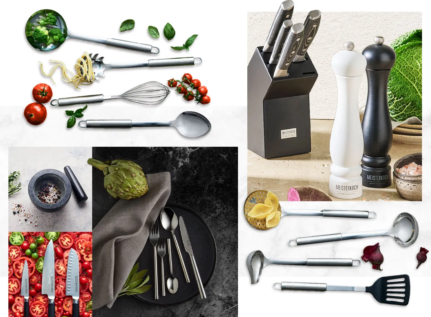 Collage: Schaumkelle, Spaghetti-Kralle, Schneebesen, Kochlöffel Lebensmittel. Schwarzer Messerblock, schwarze und weiße Gewürzmühle, alle mit Meisterkoch-Logo, Gemüse. Grauer Mörser mit Gewürzen. 3 Messer mit Meisterkoch-Logo auf aufgeschnittenen Tomaten. Edelstahlbesteckset auf schwarzem Teller, graue Serviette, Gemüse. Schaumkelle, Kelle, Soßenkelle, Pfannenwender.