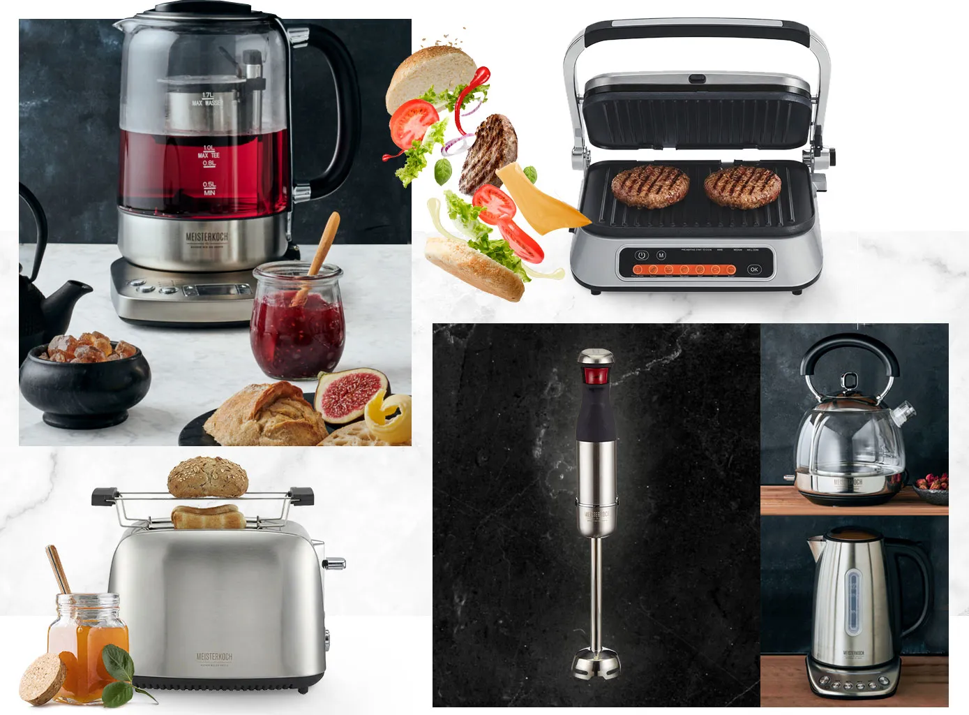 Collage. Teezubereiter, Lebensmittel, Kontaktgrill mit Burgerpatties, Burger. Toaster mit Meisterkoch-Logo mit Toast und Brötchen, Honigglas. Pürierstab mit Meisterkoch-Logo. Wasserkocher aus Glas mit Meisterkoch-Logo. Wasserkocher aus Edelstahl mit Meisterkoch-Logo. 