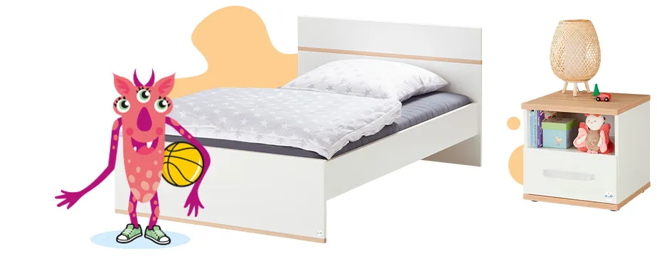 Einzelbett der Serie mit Hinweistext "Zwei Breiten: 120cm & 140 cm", daneben der passende Nachttisch