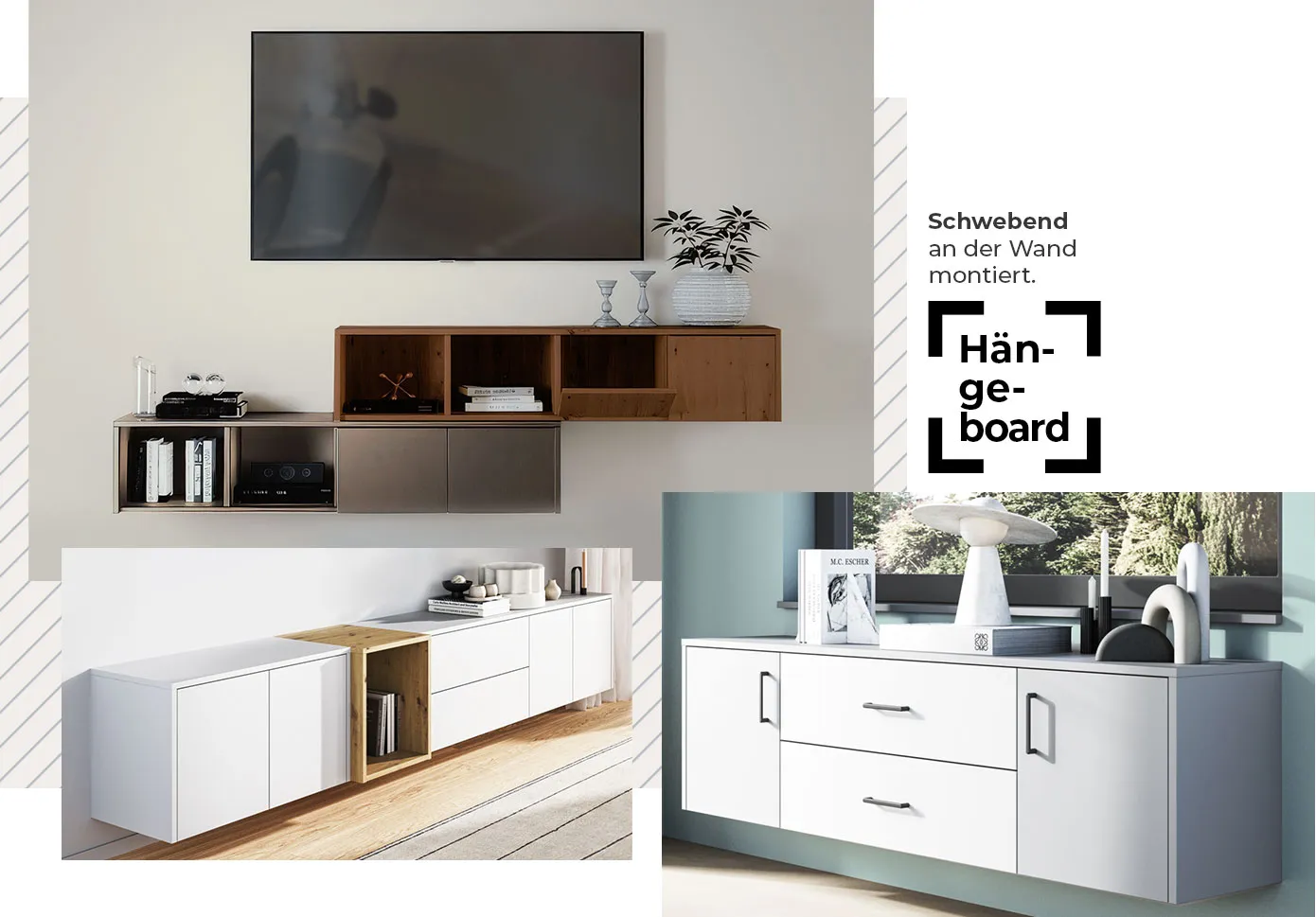 Hängeboard: Schwebend an der Wand montiert. Collage. Dunkelgraues und braunes Hängeboard ohne Griffe mit offenen Fächern und Klappen, TV, Deko. weißes Hängeboard ohne Griffe mit Holz-Element, Deko. Hellgraues Hängeboard mit schwarzen Griffen und Deko. 