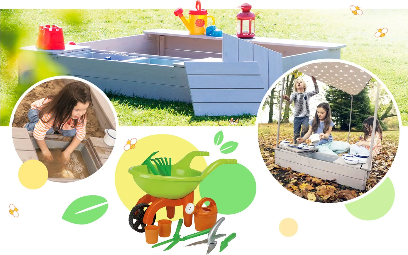 Collage aus 4 Bildern. Bild 1: Sandkasten aus grauem Holz auf Wiese. Bild 2: Kind spielt mit Wasserwanne im Sandkasten. Bild 3: Spielzeugschubkarre mit Gießkanne und Spiel-Gartenwerkzeug. Bild 4: 3 Kinder in grauem Sandkasten mit Sonnensegel.